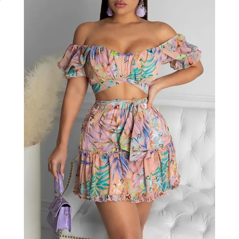 Summer Womens Clothing Floral Floral-Print off-Shoulder Short Top Skirt Suit Two-Piece Set 240823