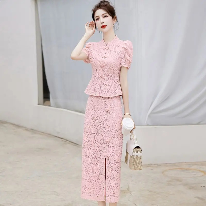Lace Skirt Set Womens Summer Social Style French Hollow Out Short Sleeved Top Embroidered Youth Style Two-piece Set E989 240823