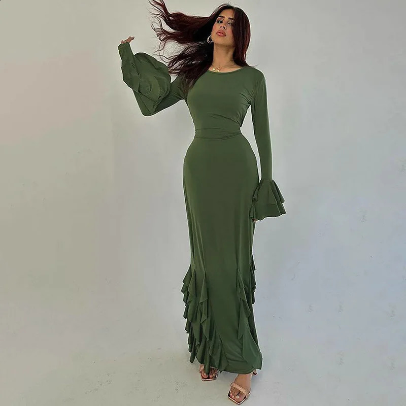 Elegant Ruffles Maxi Dresses for Women Fashion Lace-up Long Sleeve Bodycon Dress Autumn Lady O-neck Evening Party Dress 240823