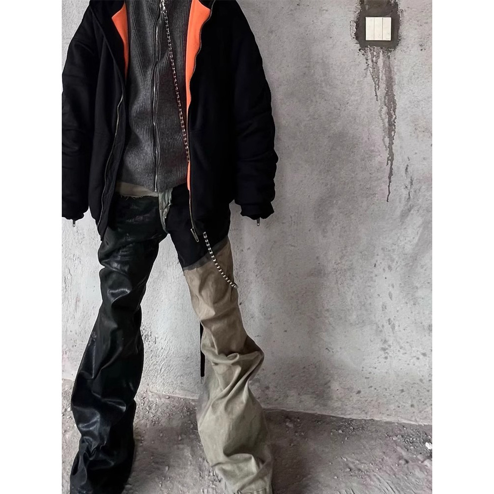 Ro Style Distressed Washed Spliced Coated Wax Pants with Wide Legs and Slightly Flared High Street Stacking Jeans Mens Versatile
