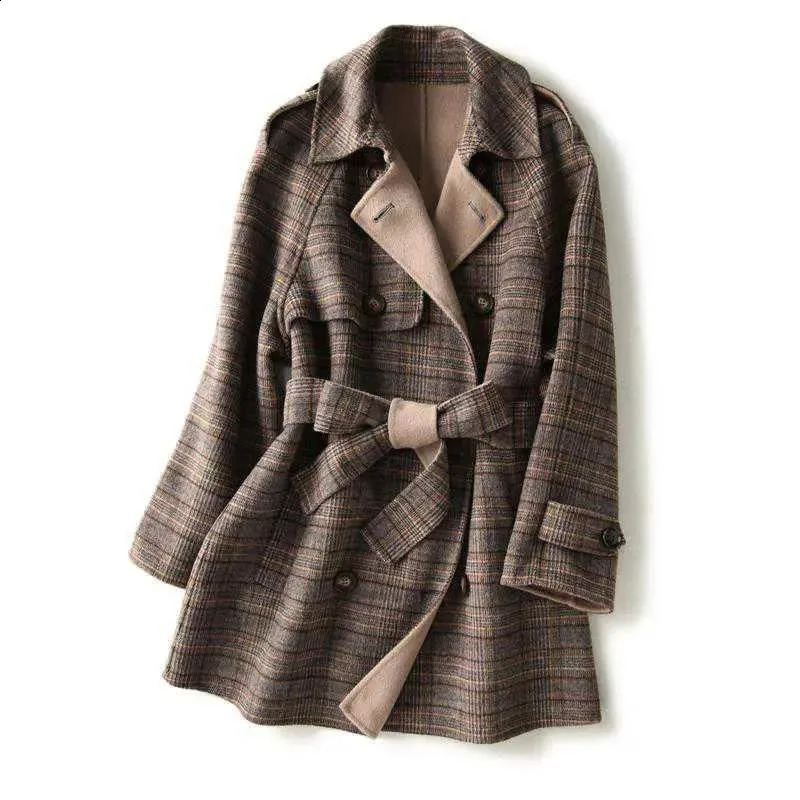 Spring Autumn woolen trench Coat 4XL Outerwear Plaid Woolen Coat Fashion Mid-Long Double-Breasted Coats Women Woolen Jacket 240822