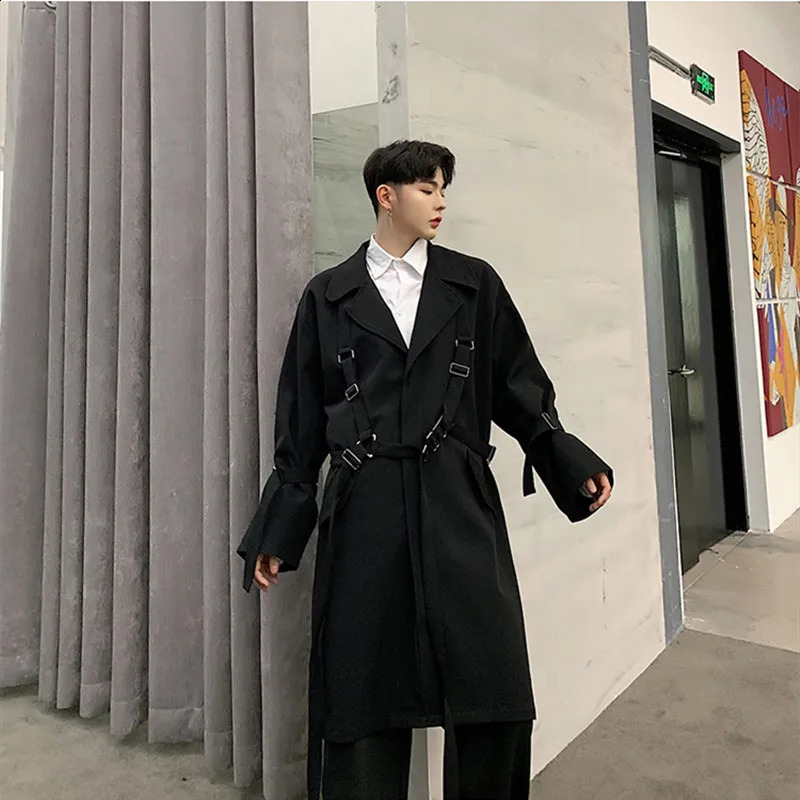 Autumn Winter Techwear Hip Hop Adjustable Strap Trench Coat Mens Korean Fashion Long Jacket Street Casual Overcoat 240822