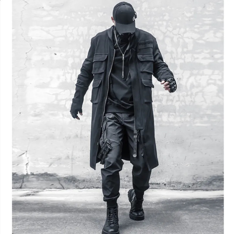 High Quality Multi-pocket Function Punk Hip Hop Trench Coat Men Techwear Style Street Casual Cargo Long Jacket Cloak 240822