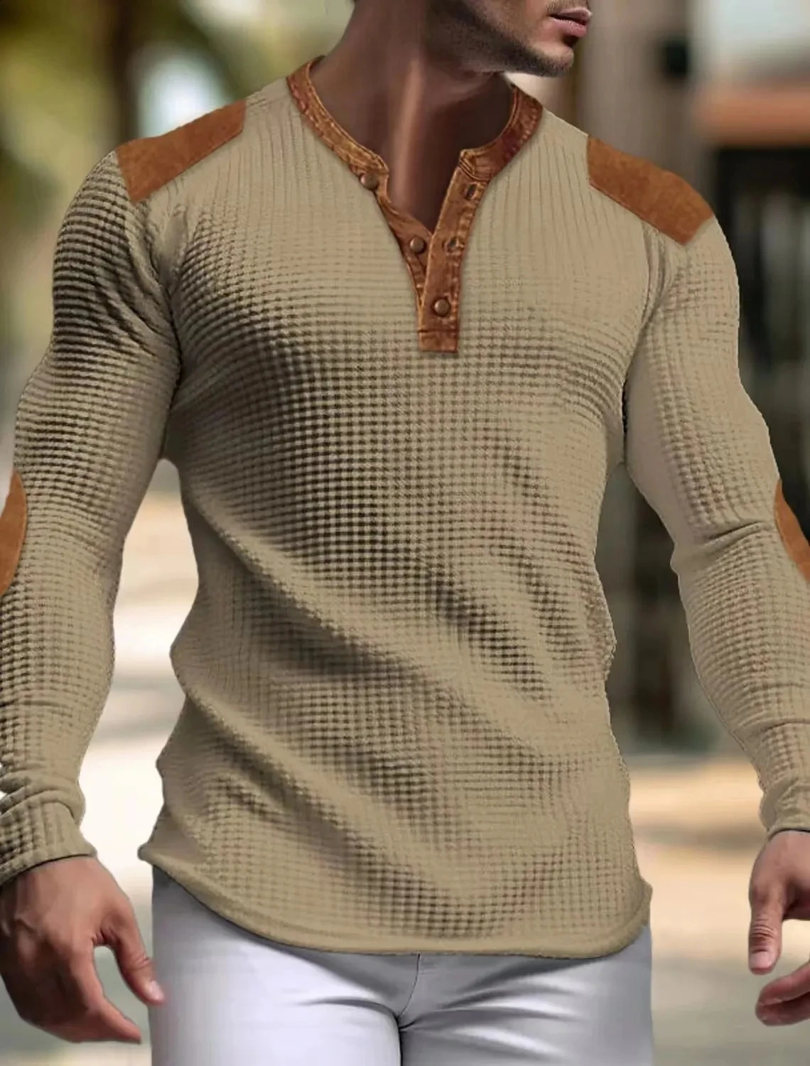Breathable mens casual spring and autumn Vneck mesh solid color slim suitable for long sleep top with trend button 240822