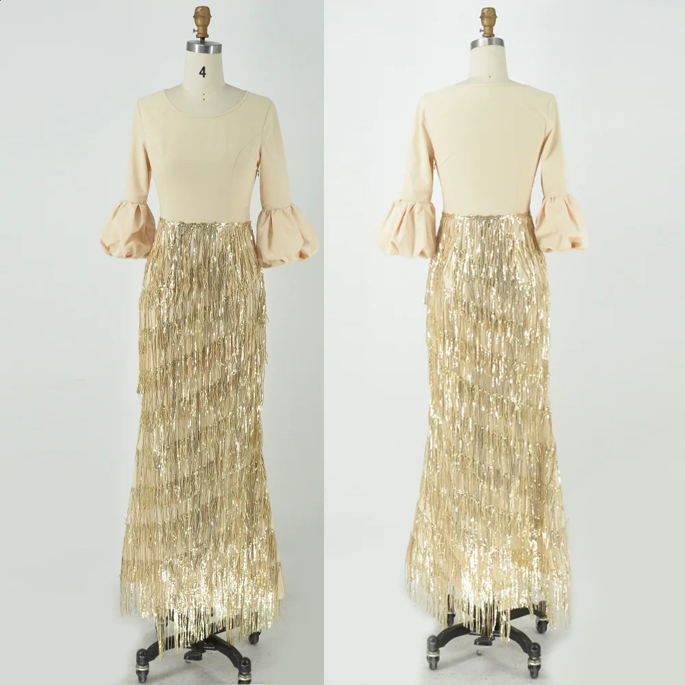 Womens Party Dresses Round Neck Lantern Long Sleeve Tassel Slim Gold Dress Autumn Ladies Elegant Evening Clothes 240823