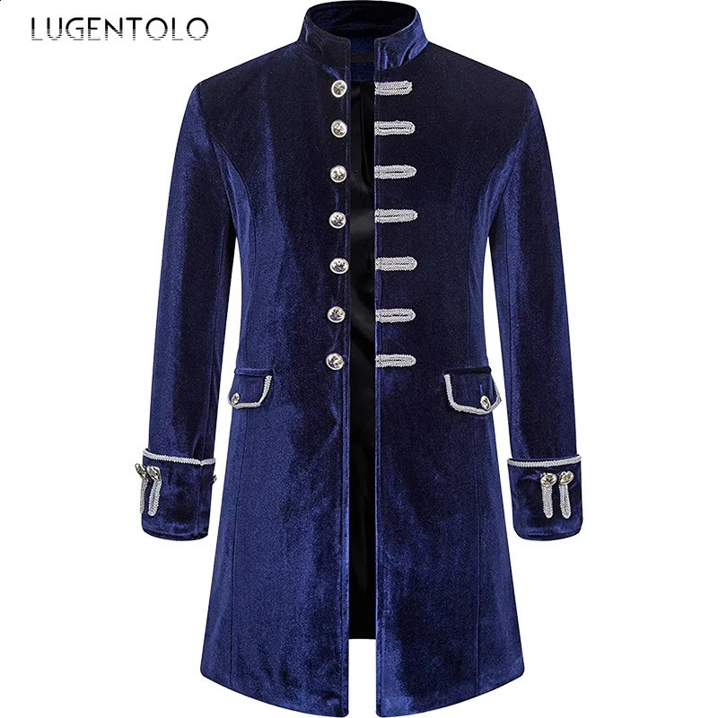 Men Steampunk Coat Fashion Party Medieval Vintage Velvet Uniform Stand Collar Mens Gothic Jacket Single-breasted Solid Trench 240822