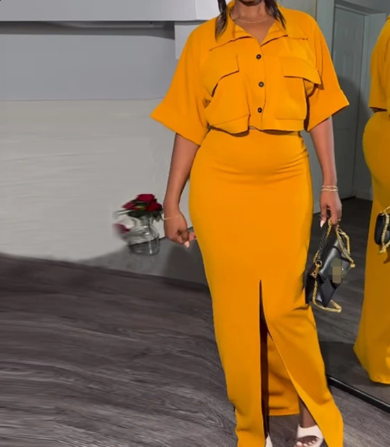 Fresh Style Two Piece Set for Women Summer Medium Length Skirt Buttons Lapel Short Shirt Top Split Hip Skirt Suit Skirt Set 240823