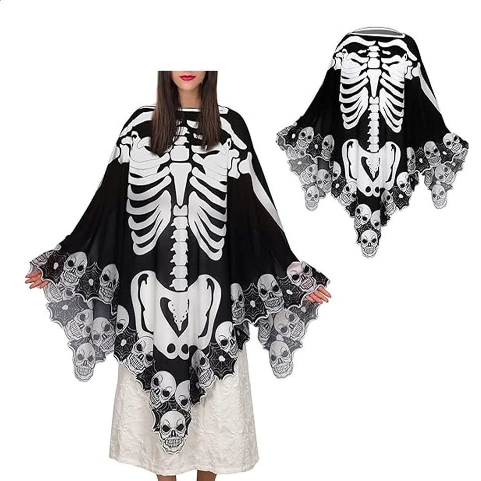Halloween Skull Horn Womens Horror Lace Shawl Dark Series Gothic Cloak Theme Party Stage Performance w240824
