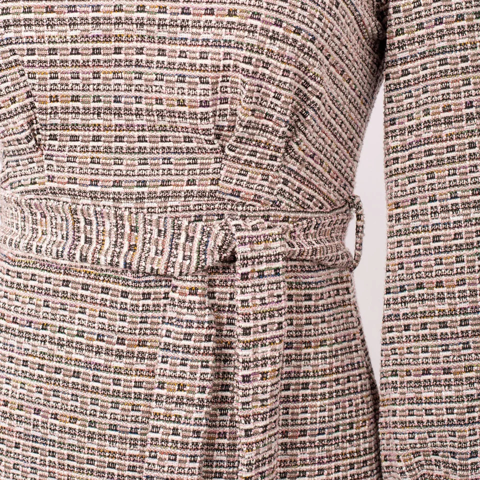 Jasambac Women Tweed Dress Autumn Korean Style OL Elegant Long Sleeve Hips-wrapped Crew Neck Back Slit Bodycon Dress With Belt 240823