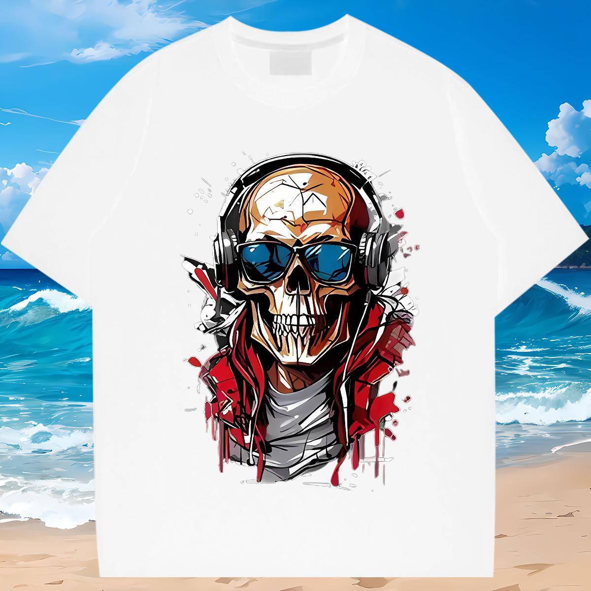 Soft T Shirts Men 230g Pure Cotton skull Sports Casual Cartoon Print Crew Neck Men Tees Factory Direct Tees Shirts