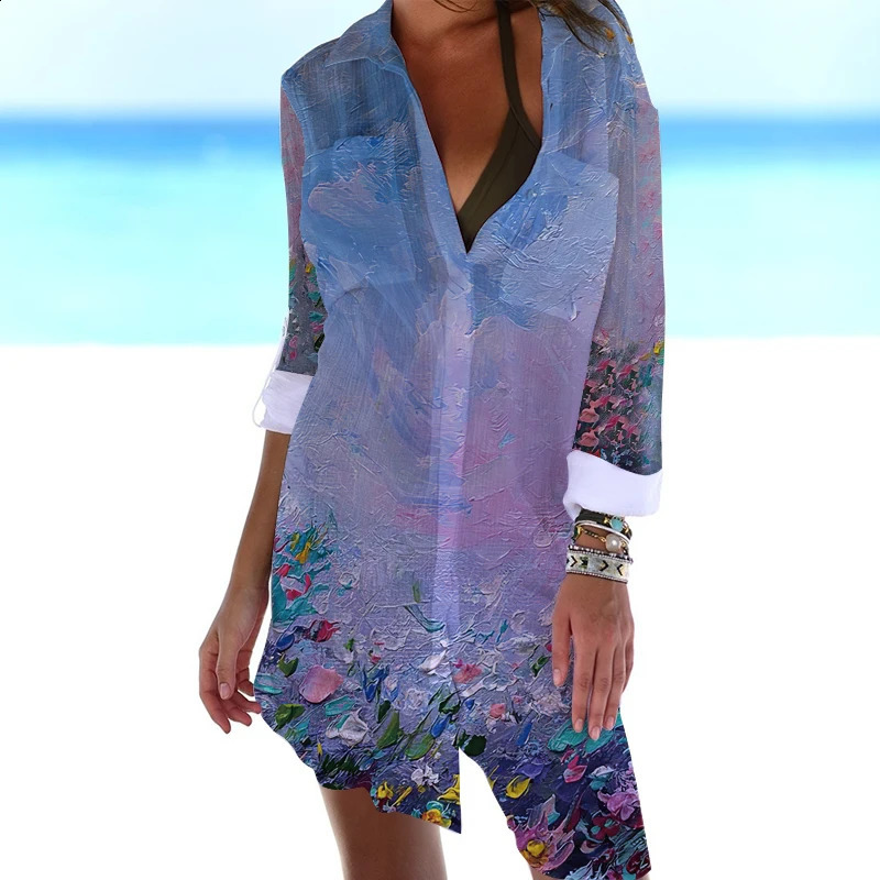 Summer 3D Flower Pattern Hawaiian Printed Shirt Dress Beach Sexy Shirt Coat Shirt Long sleeved Womens Tank Top Dress 240823