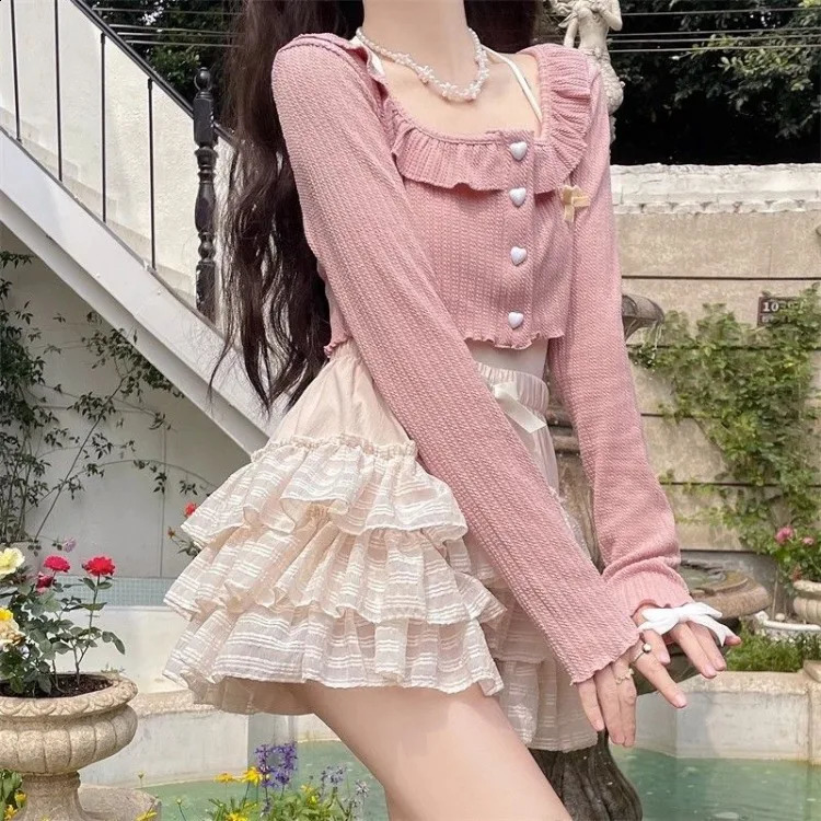 Sweet Square Collar Ruffles Long Sleeve Cardigan Coat Y2k High Waist Ruched A-line Cake Shorts Skirts Two Piece Sets 240823