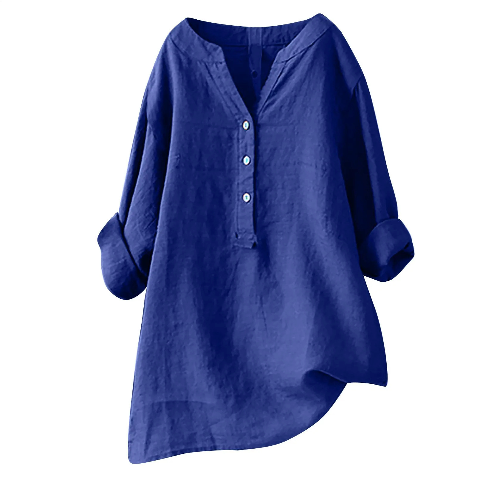 Autumn cotton linen loose shirt button down top vertical solid long sleeved casual womens 240822