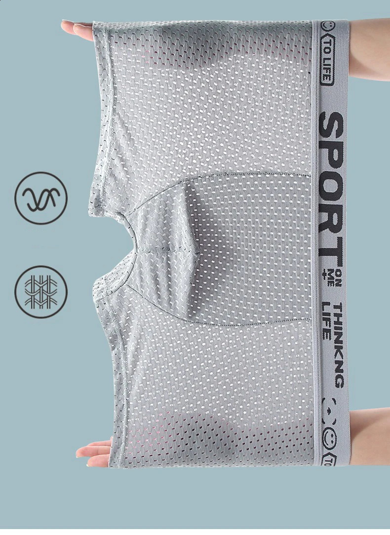 Summer Mens Underwear Ice Silk Mesh Boxing Shorts Thin Breathable Sexy Knitted 240822