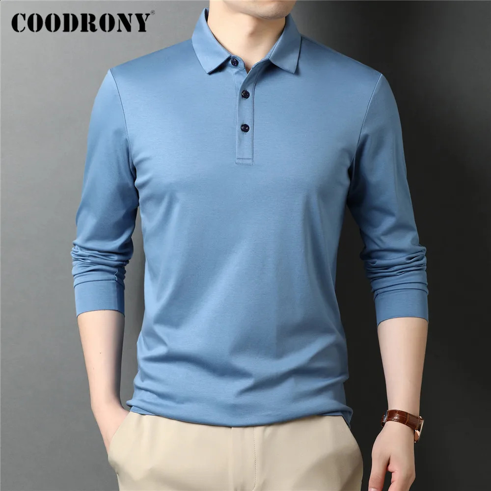 COODRONY Spring and Autumn highquality casual solid color 100% pure cotton long sleeved polo shirt mens top C5069 240823