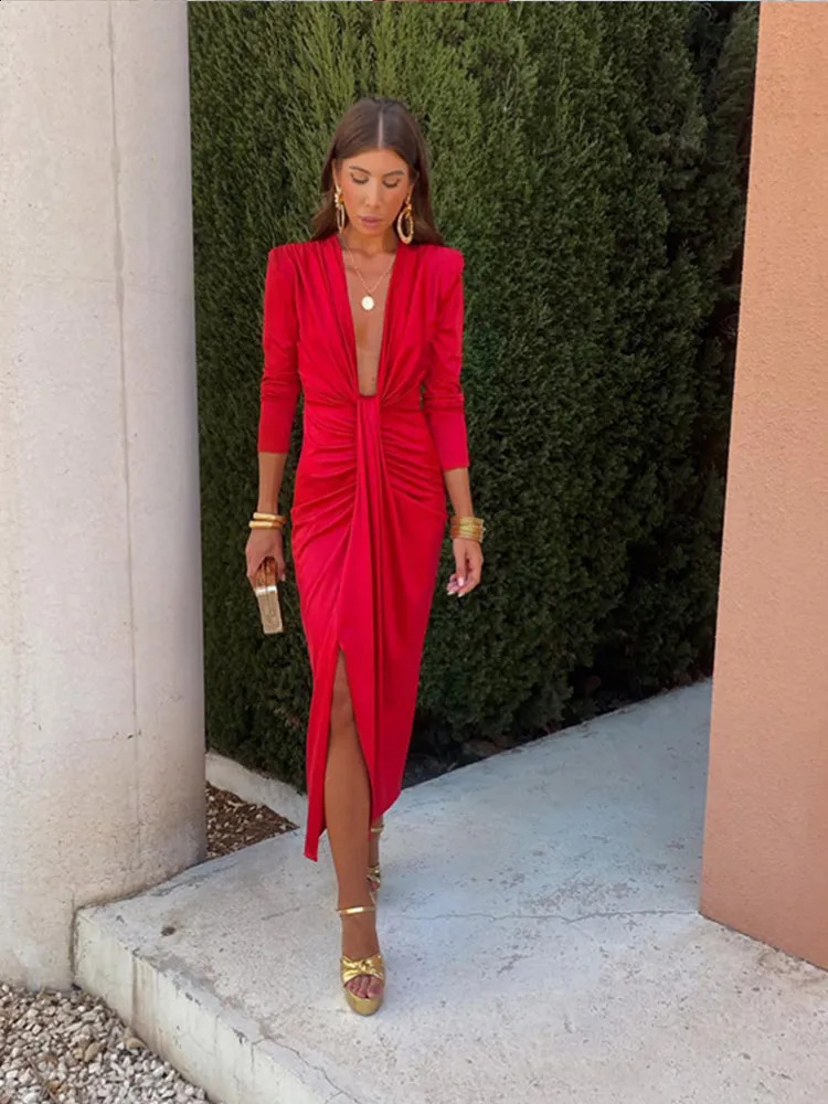 Women Fashion Sexy Slim Dress Urban Elegant Deep V-neck High Waist Dresses Lady Solid Shoulder Pads Long Sleeve High Street Robe 240823