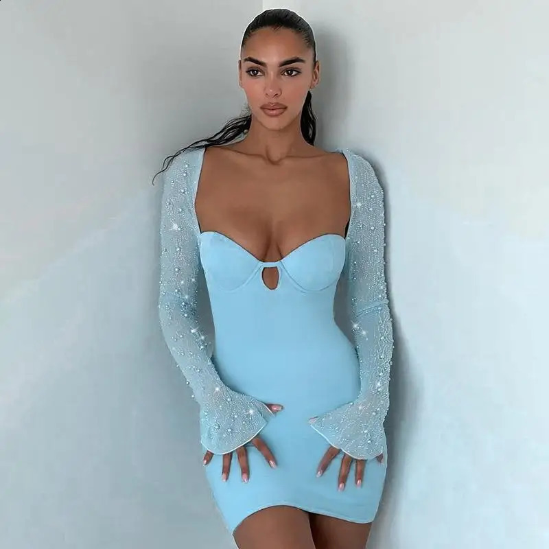 Slim Sexy Chest Bag Hip Skirt Fashion Beaded Long Sleeve Temperament Slim Dress Woman 240823