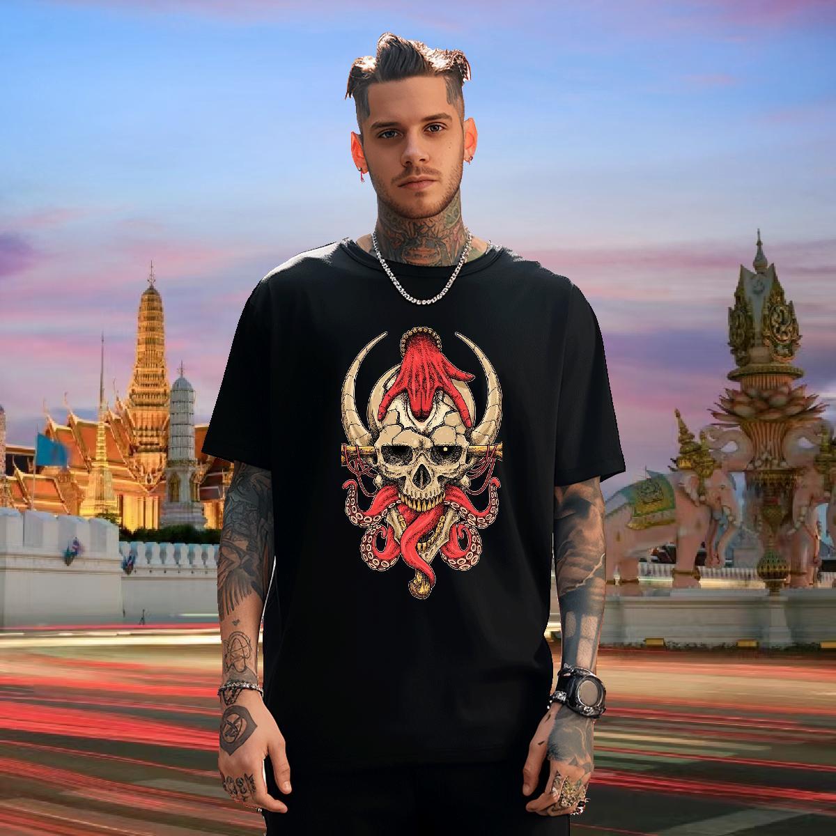 Unisex T-Shirts 230g Cotton skull Street Black White Round Neck Short Sleeve Men Tops Tees Fashion New Tshirts