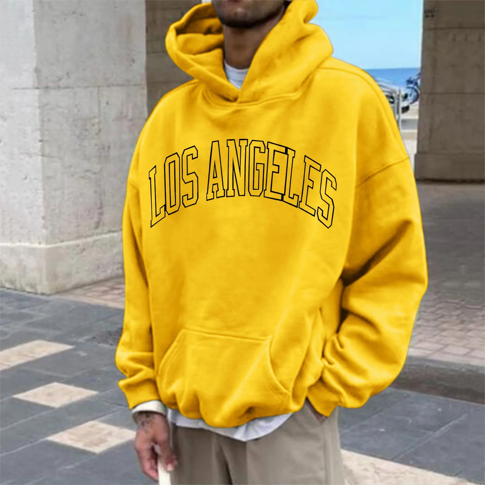 Men Hoodie Spring Autumn Hip Hop Los Angeles Printed Pocket Hooded Pullovers Oversize Streetwear Sports Hoodies Sweatshirts Male 240822