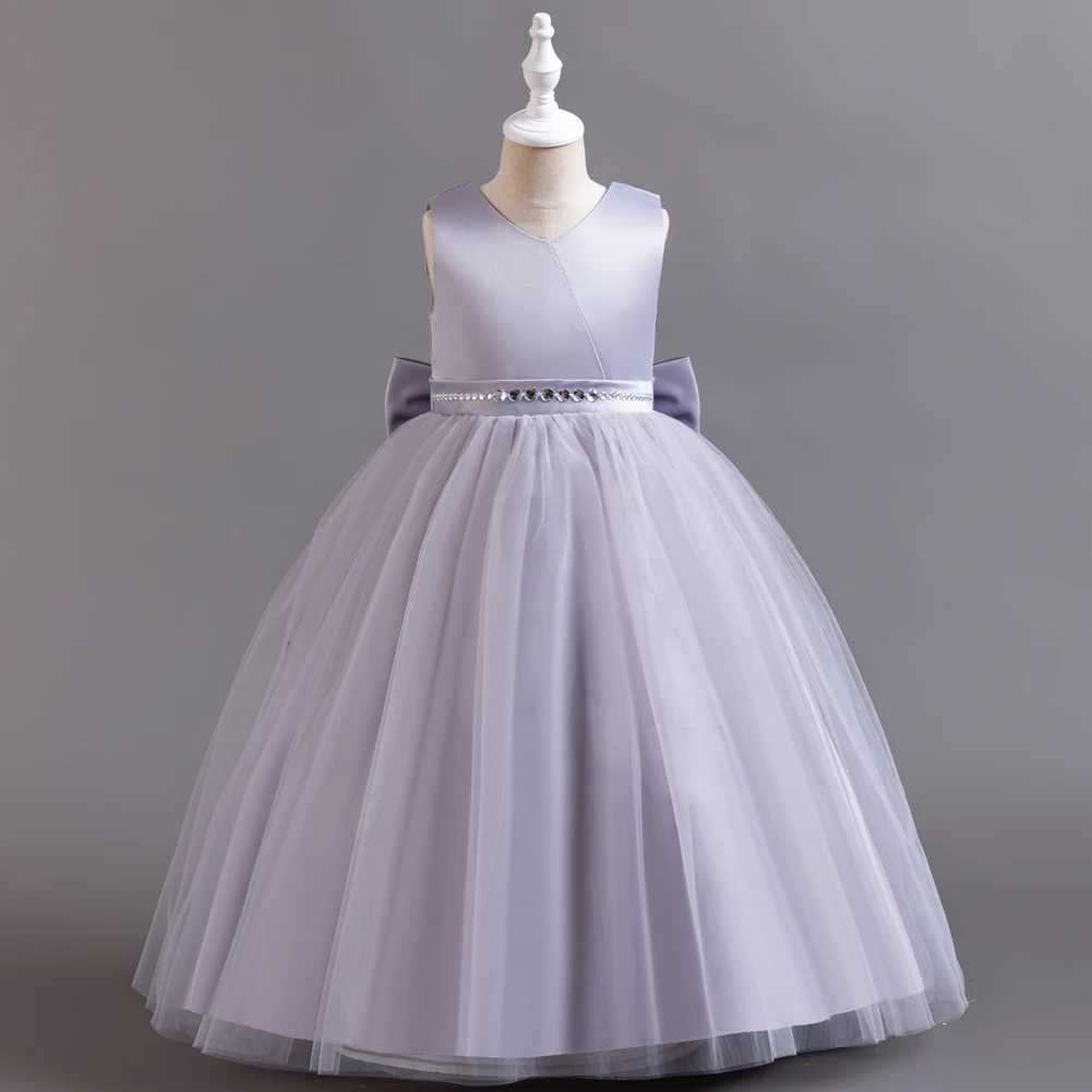 Fashionable solid girl evening gown sequined waistband sleeveless childrens bridesmaid dress summer chiffon childrens party dress 3-12 years W240823