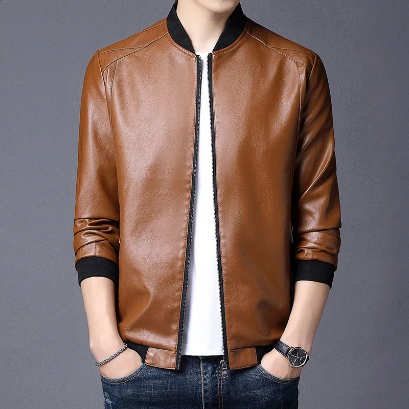 Men Jacket Smooth Faux Leather Spring Jacket Solid Color Elastic Cuff Men Coat Slim Stand Collar Cardigan Jacket Daily Wear 240822