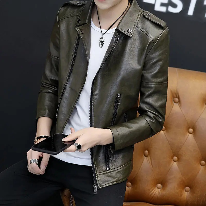 Bomber Leather Jacket Men Streetwear Lapel Motorcycle Jacket Zipper PU Leather Coat Vintage Black Pocket Jackets Men Clothing 240822