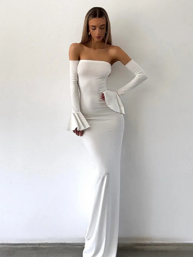 Woman Clothes Strapless Bodycon Long Dress Elegant Sexy Female Flare Sleeve High Waist Backkless Evening Dresses Black White 240823