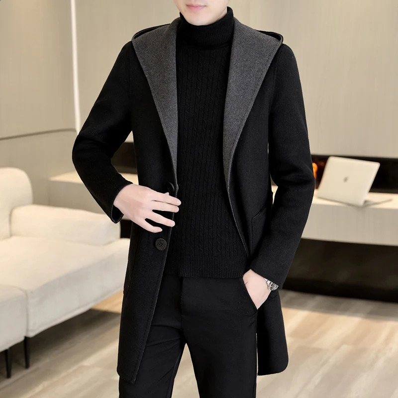 Business Casual Mens Solid Hooded Woolen Coats Autumn Winter Loose Wool Overcoat Outwear Mid-Length Windbreaker Top Jacket 240822