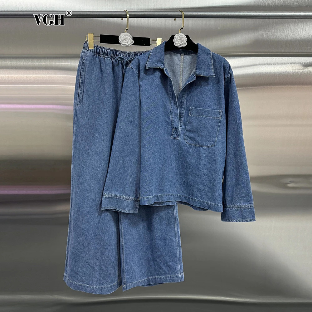 VGH Solid Denim Two Piece Set Womens Collar Long Sleeve Shirt High Waist Loose Wide Leg Pants Minimalist Casual Style 240823 C260312