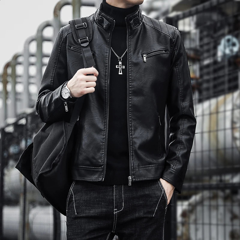 Autumn Men Casual Fashion Stand Collar Slim PU Leather Jacket Solid Color Leather Jacket Men Anti-wind Motorcycle S-4XL 240822