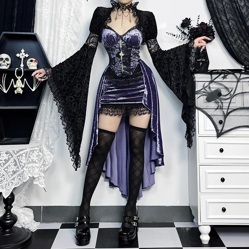 Goth Dark Gorgeous Victorian Gothic Velvet A-line Dress Womens Elegant Evening Dress Lolita Partywear Grunge Sling Lace Bottom Alt Cloth 240823