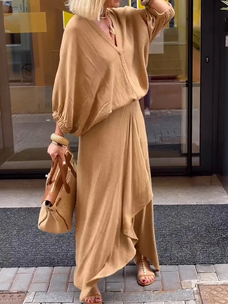 Drauuing Batwing Sleeve Blouse Slim Skirt Sets Summer Women Office Solid Skirt Matching Suit Casual Skirt Two Piece Set Vestidos 240823