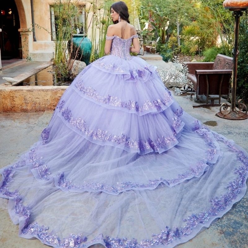 Lavender Shiny Off The Shoulder Quinceanera Dresses Beaded 3D Flowers Beads Crystal Puffy Tiered Luxury Sweet 16 Vestidos De 15 Anos