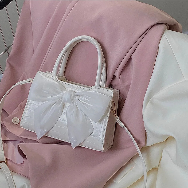 Fashion Casual Handbags For Women Girls Cute Bow White Pink PU Leather Tote Bags Trendy Daily Square Shoulder Underarm Bags 241223