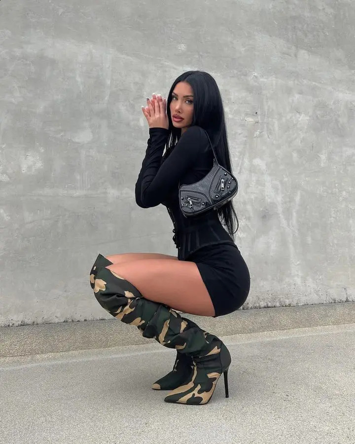 Fashionable printed camouflage sexy knee high boots thin high heels womens long toe motorcycle boots womens 240823