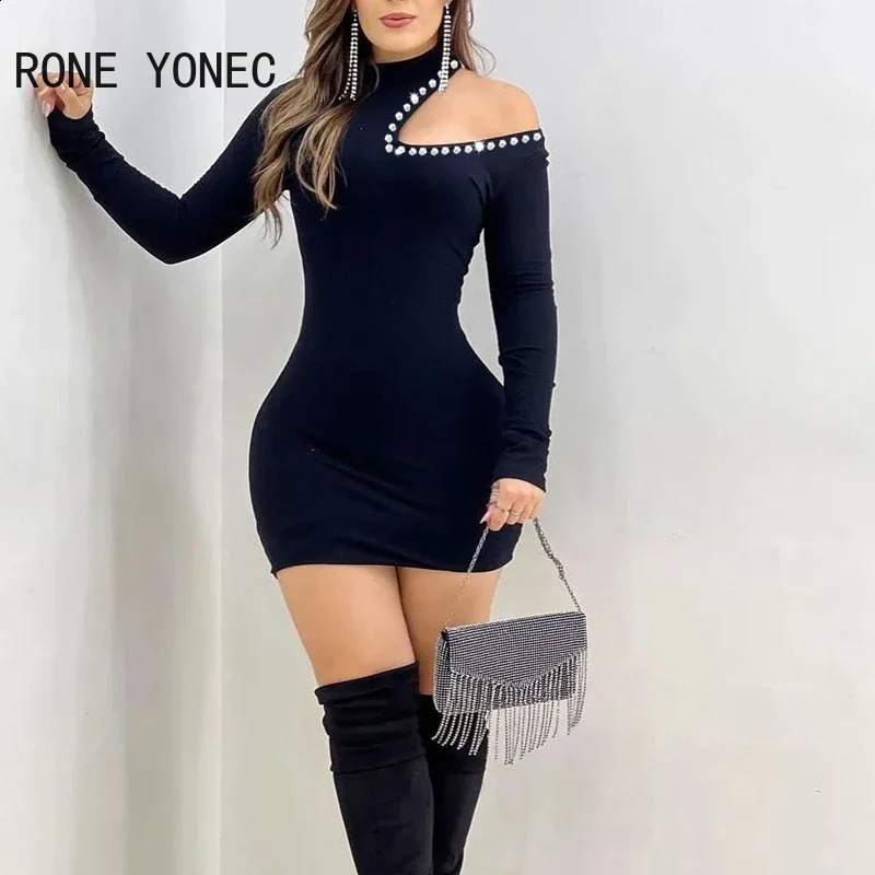Women Rhinestone Decoration One Shoulder Long Sleeves Mini Bodycon Basic Dress 240823