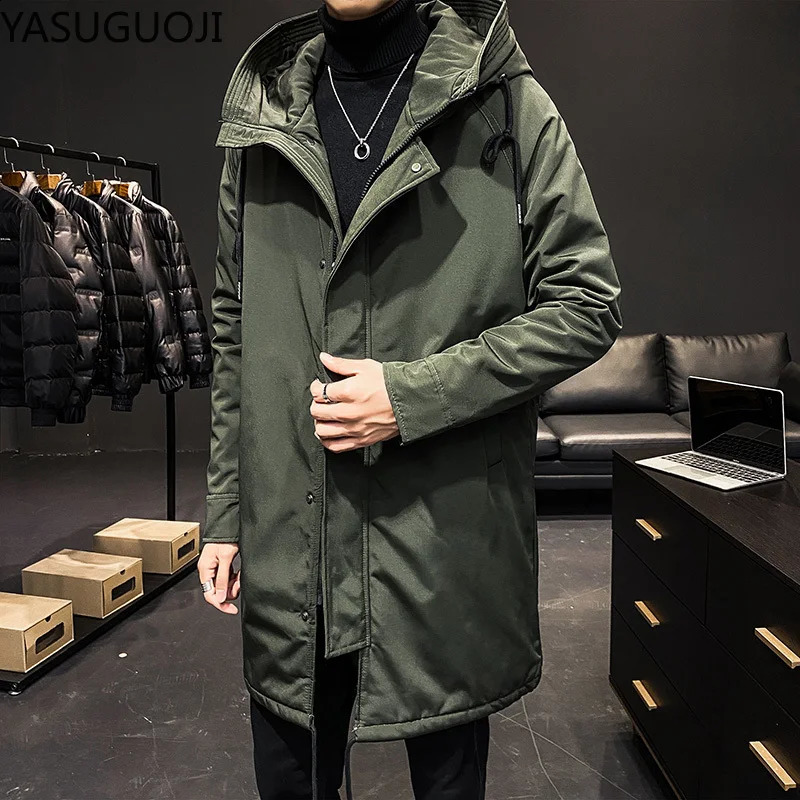YASUGUOJI Mens Autumn and Winter Thicken Hooded Windbreaker Military Army Green Long Jacket Male Denim Trench Coat For Men 240822