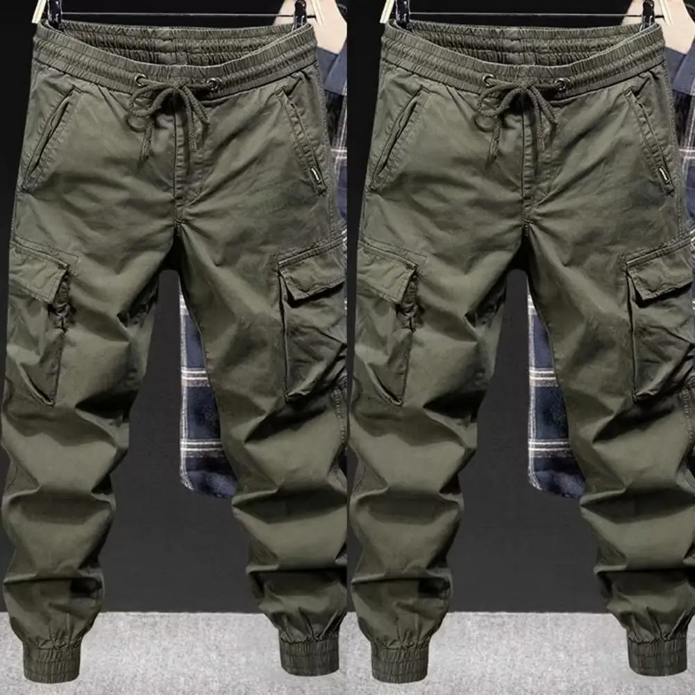 Elastic waistband pants breathable mens drawstring cargo elastic waist multiple pockets daily ankle strap 240823