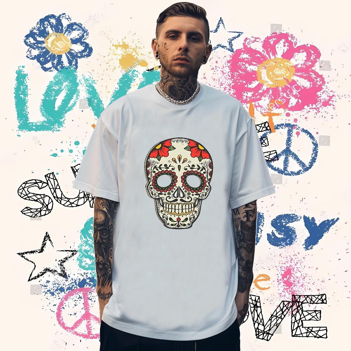 Comfortable Men T Shirts 230g 100% Cotton skull Street Floral Print O Neck Short Sleeves Tshirt for Man Woman 2024 Clothings