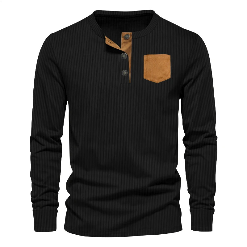 Spring Casual Mens Denim Henley Shirt for European and American Foreign Trade Long Sleeve Patch Bag Tshirt 240823