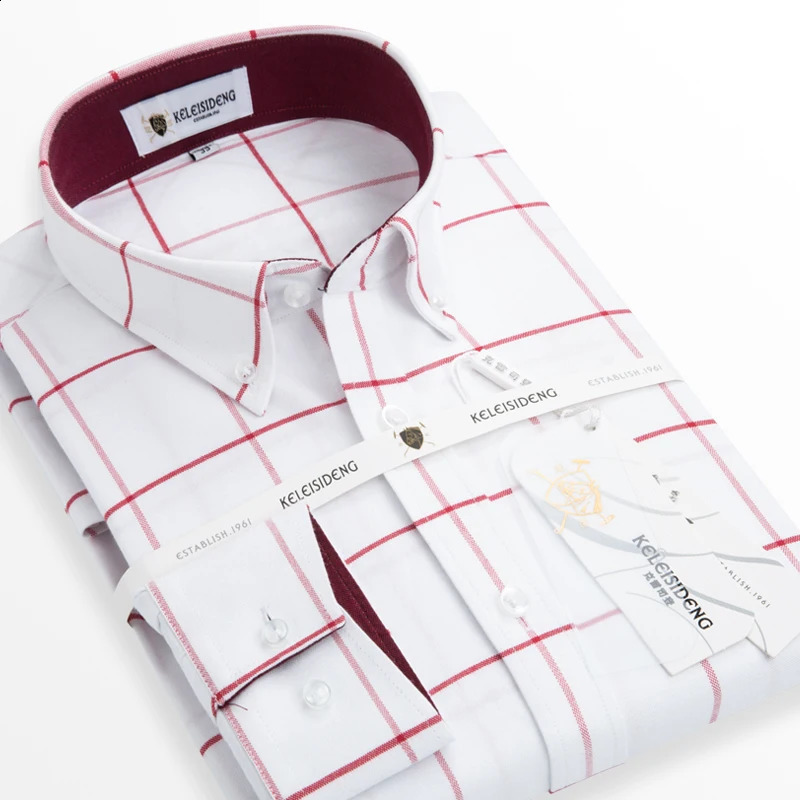 Mens Long Sleeve Thick Cotton Oxford Shirts with Front Pocket High Quality Smart Casual Stripe Plaid Button Down Dress Shirt 240822