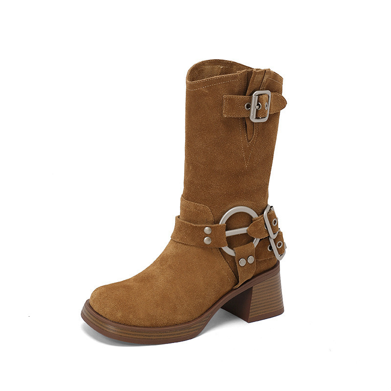 Ddmysports Cowhide Edition Coarse Eel Western Cowboy Made Of Genuine Leather Skinny Short Boots With Square Ead Mid Barrel Martin Women S Igh Eels OUT