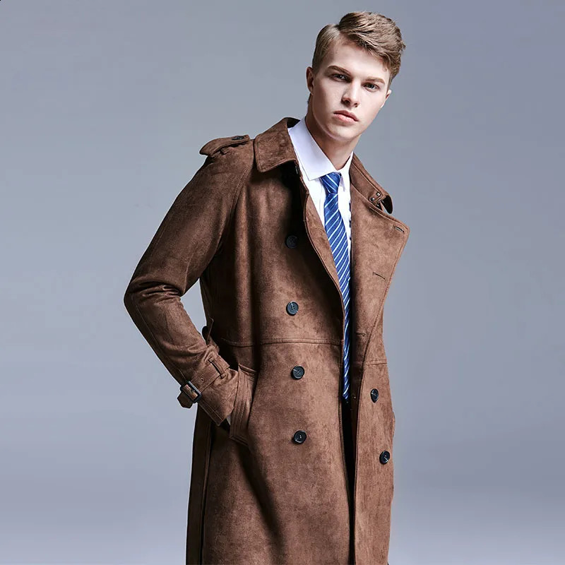 Minimalist England Fashion Suede Trench Mens Double Breasted Slim Coat Men Solid Color Long Windbreaker 5XL 6XL Jacket 240822