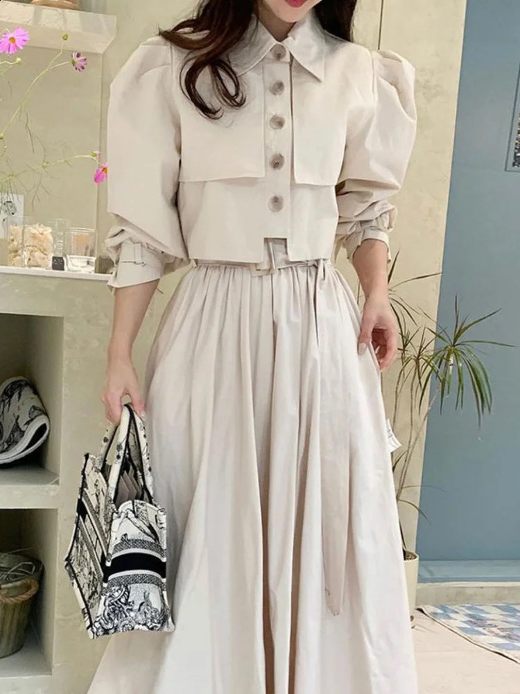 Women Simple Lapel Bubble Sleeve Shirthigh Waist Pleated Skirt Two-piece Suit Spring Summer Fashion Set M981 240823