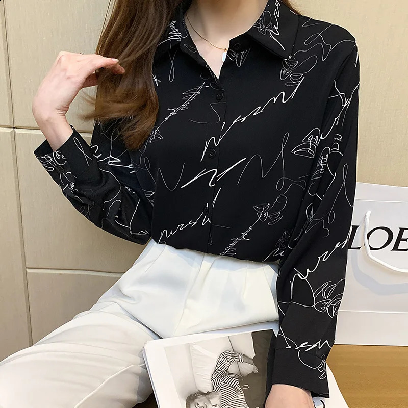 Womens Spring Korean Fashion Loose Graffiti Printed Polo Neck Long Sleeve Shirt Clothing Casual Full Match Office Top 240822