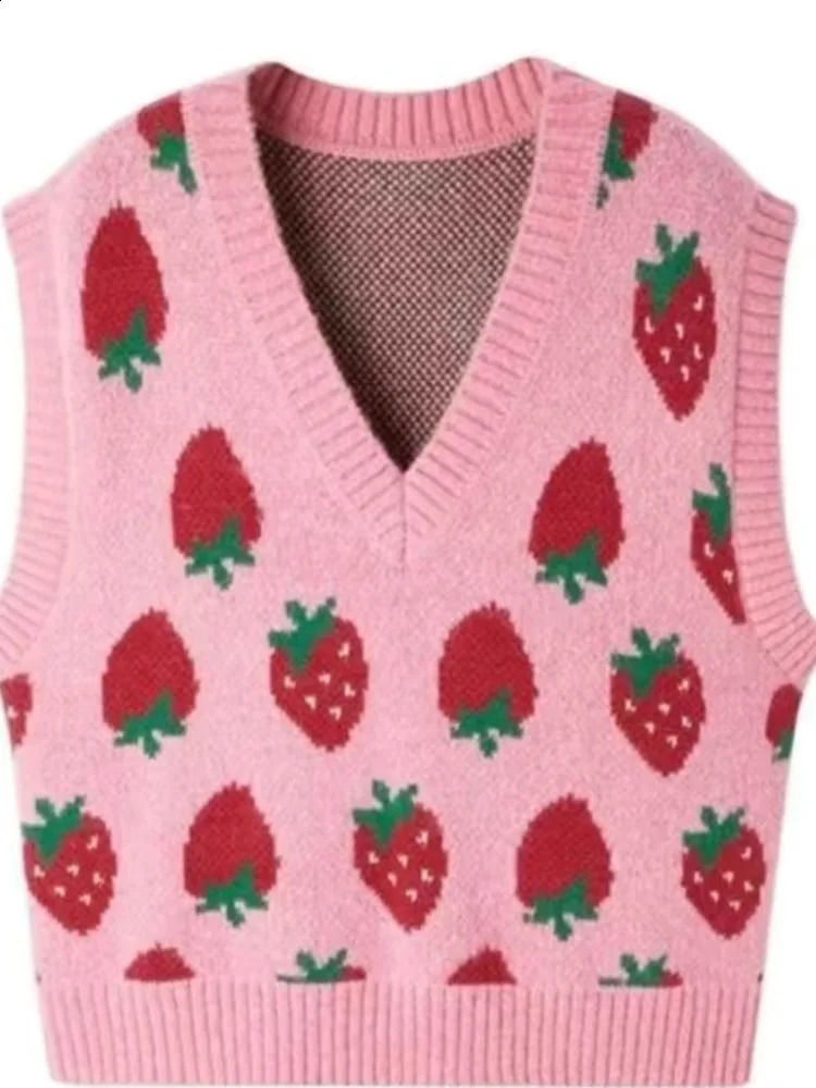 Sweater Vests Women Pink Knitwear Strawberry-print Harajuku Sweet All-match Chic Soft Casual Classic Simple Streetwear 240823