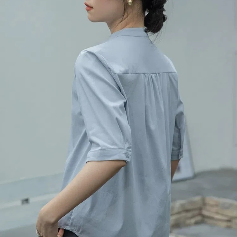 VNeck Minimalist Solid Color Summer Short Sleeve Top Office Womens Temperature Elegant Button Matching Shirt w240824