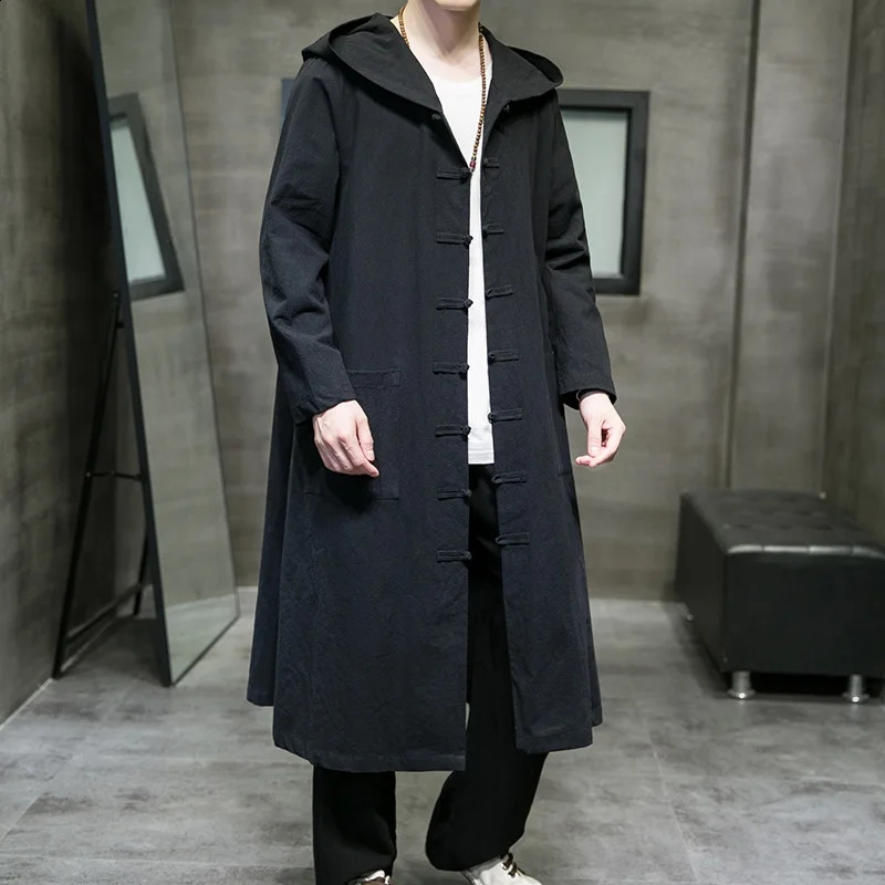 Fashion Men Hooded Sweatshirts Black Hip Hop Cotton Linen Hoodies Vintage Long Sleeve Cloak Trench Coats Outwear KK3774 240822