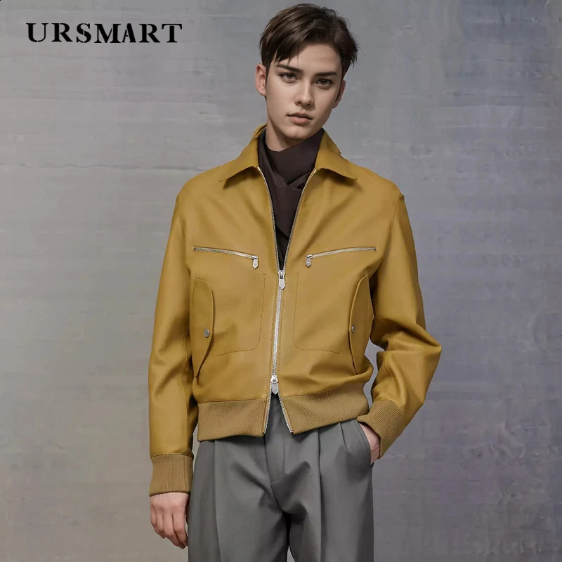 Mens Sheepskin Jacket - High-Quality Custom Yellow Genuine Leather Coat Fashionable and Handsome English Style 240822