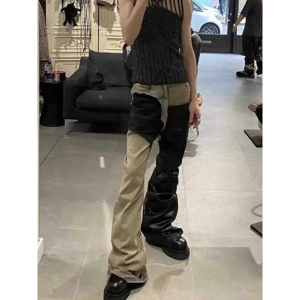 Ro Style Distressed Washed Spliced Coated Wax Pants with Wide Legs and Slightly Flared High Street Stacking Jeans Mens Versatile